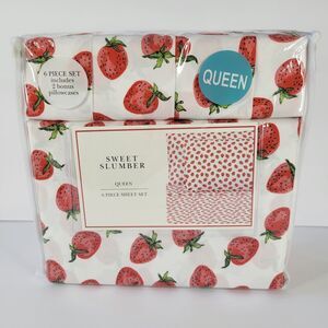 6pc QUEEN Sheet Set Classic Strawberry Patch Spring Red Strawberries Summer Girl